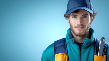 A confident male worker poses with tools, showcasing professionalism and a can-do attitude in a vibrant blue background.