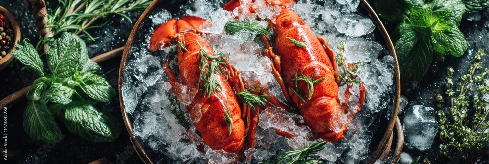 Poster lobster claws placed on ice surrounded by fresh herbs in a culinary display