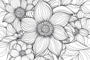drawing of a flower with a black outline and white background. The flower is surrounded by other flowers, and the drawing has a very detailed and intricate look to it. Coloring book. 