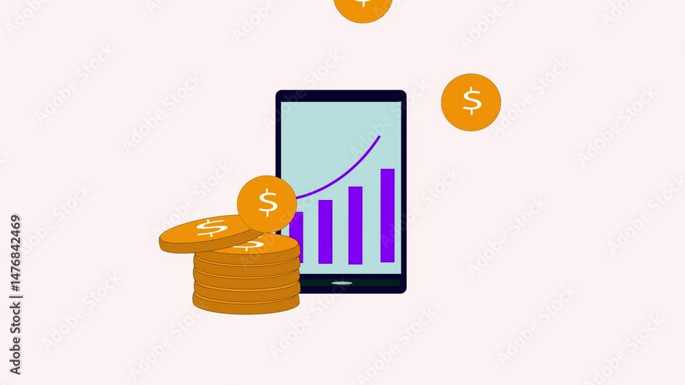 Poster concept art of a smartphone with coin and statistics bars, representing the connection between mobil