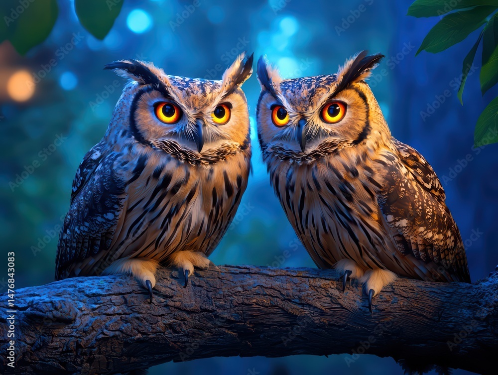 Poster two majestic owls with intense eyes perched on a tree branch under a moonlit forest setting