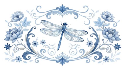 blue and white watercolor dragonfly chinoiserie