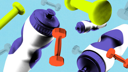 Poster. Conceptual composition. Colorful dumbbells and workout bottles for water against blue backdrop with surreal contrast. Vibrant pop art style. Concept of sport events, games, championship.