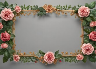 Elegant rose & leaves frame, blank center  Isolated, perfect for decoration , petal, wedding, bloom