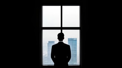 Businessman in Suit Looking Out Window at City Skyline Silhouette in Modern Office Setting