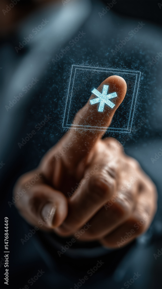 Aufkleber businessman hand pointing at glowing asterisk icon in digital interface, setting password concept