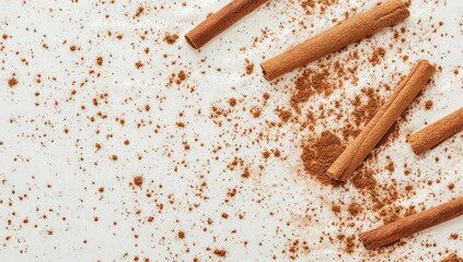 Cinnamon sticks and powder scattered on a white surface.  Small brown specs are scattered across the white background, with several cinnamon sticks interspersed
