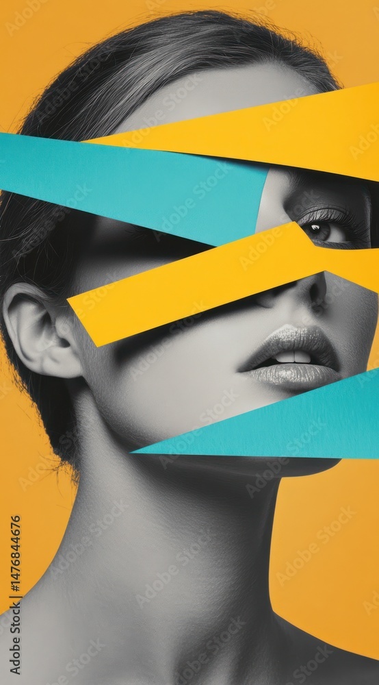 Poster abstract portrait with geometric shapes and vibrant colors creating a striking visual effect against