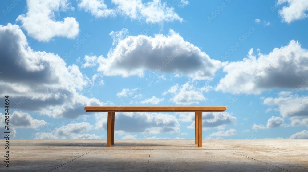Poster a wooden table stands alone under a bright blue sky with fluffy white clouds, creating a serene atmo