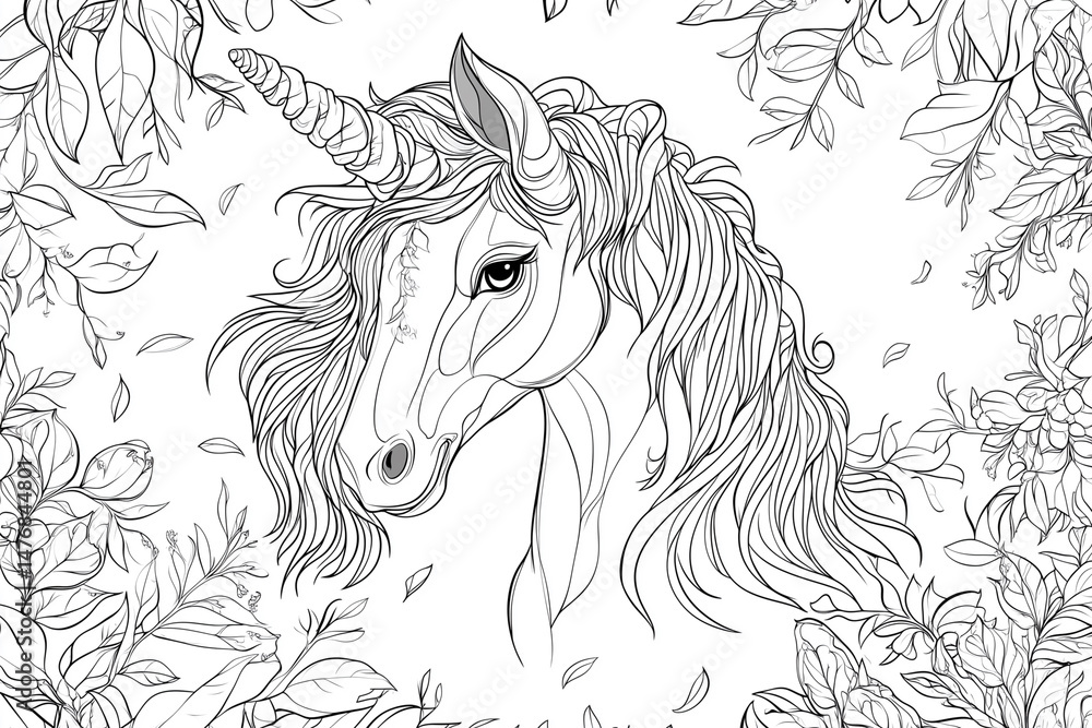 Poster unicorn with a long mane and a pointed horn is drawn on a page. the unicorn is surrounded by leaves 