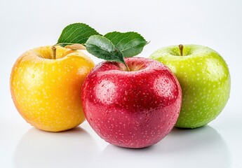 Fresh and Juicy Apples of Different Varieties Displayed with Water Droplets on a White Background