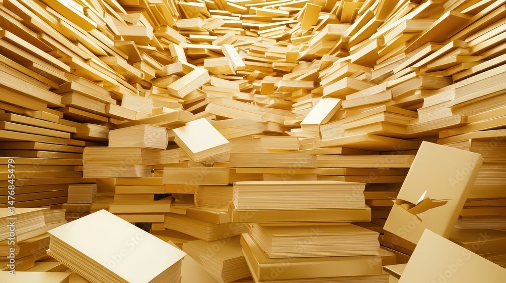 Poster endless stacks of untouched yellow books creating a maze of literature and knowledge in a dreamlike 