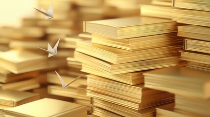 Meticulously Stacked Golden Books with Gentle Origami Cranes in a Softly Lit Environment for Artistic Representation