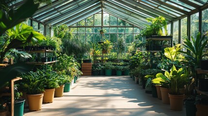 Lush greenhouse interior showcases diverse plant collection under natural sunlight