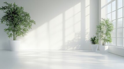 Bright interior with plant in pot and sunlight through window creating shadow