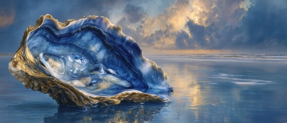 Solitary oyster shell on sandy shore under stormy skies