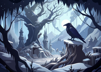 Raven Perched on a Snowy Rock in a Frozen Fantasy Landscape