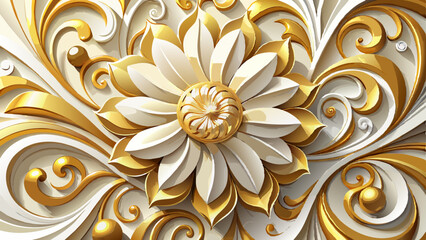 Elegant Gold and White Floral 3D Ornament Design for Wall Decor