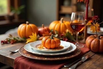 Naklejka premium A rustic Thanksgiving table setting with autumnal decor , abundant, autumn