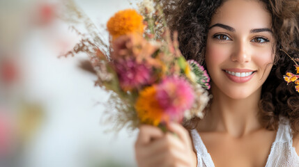 Fototapeta premium A joyful woman smiles while holding a bouquet of vibrant flowers, embodying beauty, happiness, and the joys of nature.