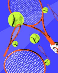 Poster. Vibrant conceptual artwork. Red tennis rackets and neon balls in movement against blue background. Bold pop art colors and style. Concept of sport events, games, championship. Ad
