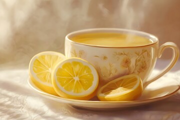A steaming cup of lemon tea with fresh lemon slices on a decorative plate. Soft, warm colors create a cozy atmosphere. Concept Lemon Tea Photography, Cozy Beverage Aesthetics, Warm Color Palette