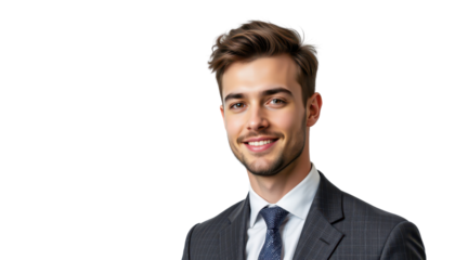 Confident Young Businessman in Formal Suit Smiling Against White Background