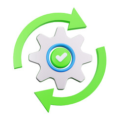 3d gear with a green check mark and green arrows.