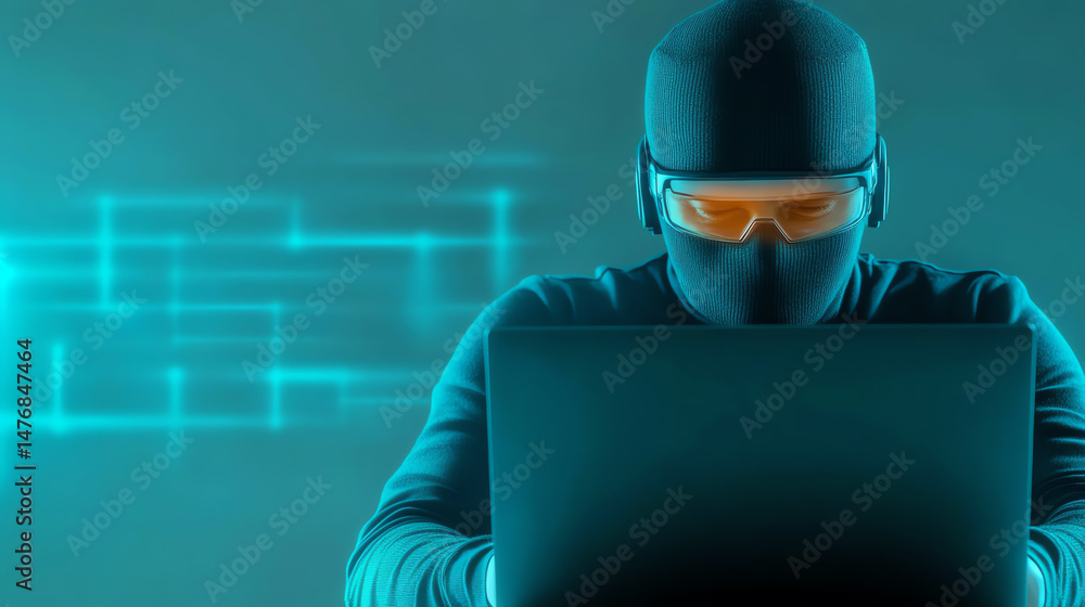 Poster A masked hacker working on a laptop, surrounded by digital elements, representing cybercrime and information security.