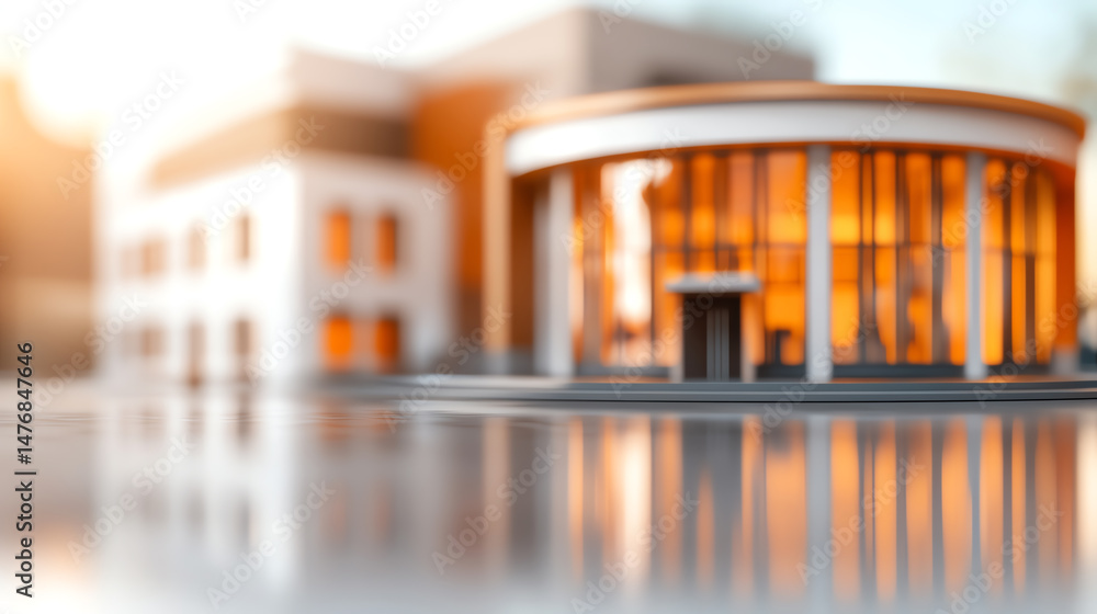 Poster A modern architectural structure featuring large glass windows and warm lighting reflecting on the surface.