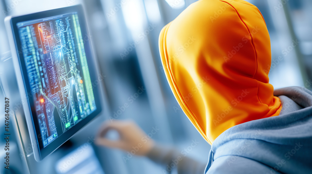 Poster A person in a bright orange hoodie interacts with a computer screen displaying code and data, showcasing modern technology usage.