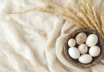 Rustic eggs in a wooden bowl atop a linen cloth, with wheat sprigs adding a touch of natural beauty