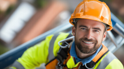 A smiling construction worker in safety gear on a building site, embodying professionalism and dedication to his trade.