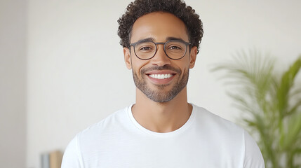 A smiling man with curly hair and glasses, radiating confidence and positivity in a bright indoor setting.