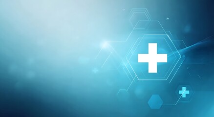 Medical Technology Background featuring a glowing cross symbol on a blue gradient backdrop with hexagonal patterns representing digital health innovation.