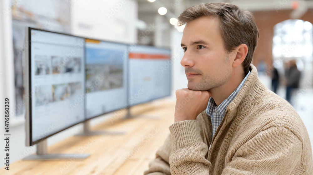 Poster A thoughtful man observes multiple monitors, showcasing modern workplace dynamics and innovative ideas in a collaborative environment.