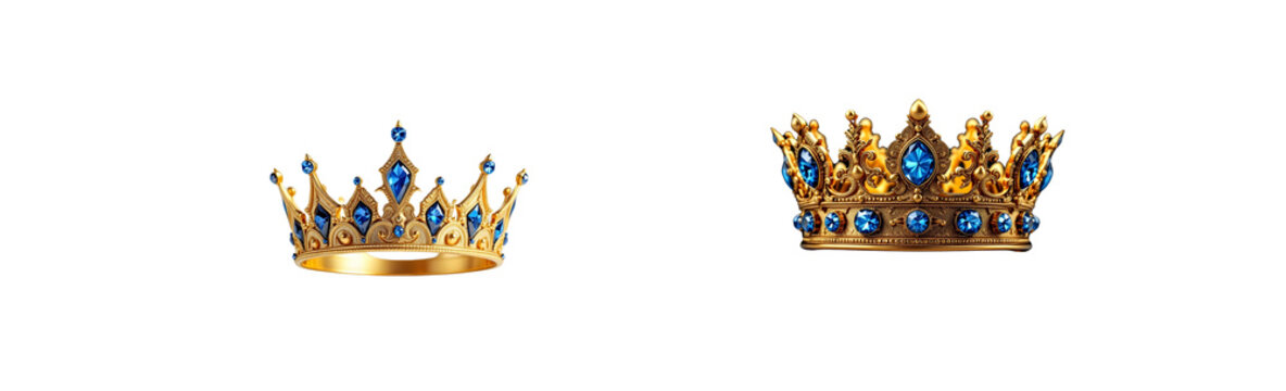 3d royal golden crown with blue diamonds on isolated background. Textured king gold crown