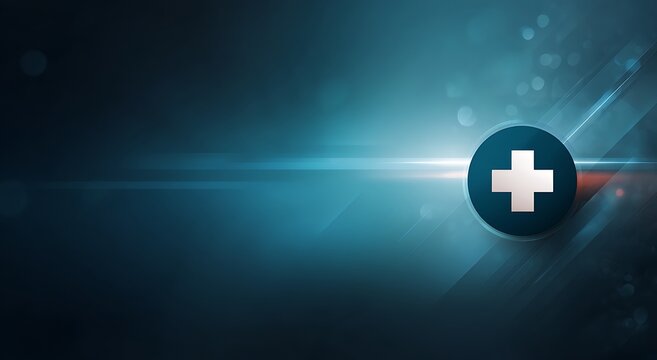 Medical Technology Abstract Background featuring a glowing cross symbol in a dark teal circle design ideal for healthcare websites and presentations