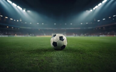 Soccer ball on a field at night, dramatic stadium lighting