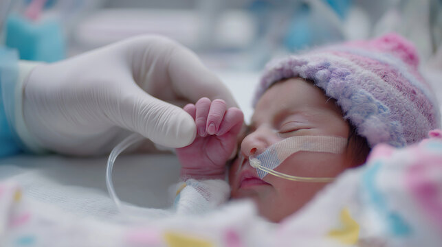 Newborn infant receiving care in a neonatal intensive care unit with gentle touch from a healthcare professional