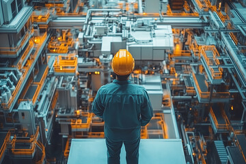 Fototapeta premium A worker in a hard hat overlooks a high-tech factory filled with machinery, showcasing the future of manufacturing and technology.