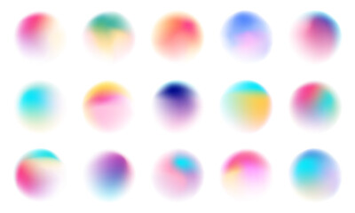 Set of colorful watercolor translucent gradient samples, Smooth gradient glowing neon paint spots, Vector illustration.