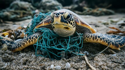 A turtle entangled in plastic debris on a polluted beach --