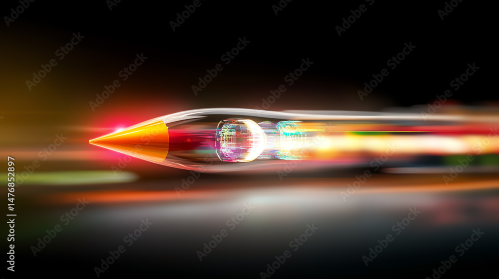 Poster an abstract depiction of speed and innovation, showcasing a stylized rocket pencil with vibrant trai