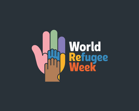 World Refugee Week designed with diverse colorful raised hands - Powered by Adobe