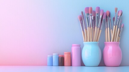 Pastel paintbrushes and pots