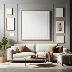 living room interior with fireplace photo frame on wood background	