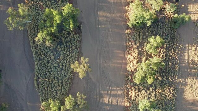Vertical aerial footage of the dry Todd River, including trees, buffle grass and burnt areas, in Alice Springs, Mparntwe, Northern Territory, Australia. August 2022.