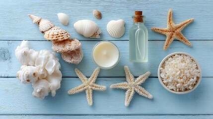 Plakat Flatlay of summer spa items with seashells and starfish, arranged aesthetically on a light blue wooden background, soft natural lighting, relaxing coastal theme, high detail, top-down view,