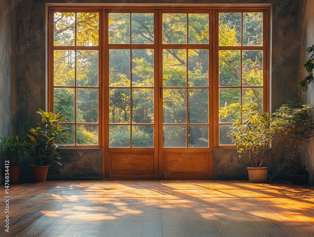 Poster sunlight streams through a large window with a forest view. perfect for illustrating indoor-outdoor 
